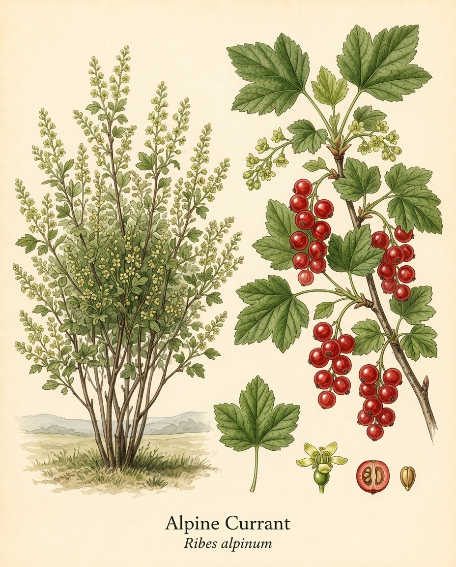 Botanical illustration of Alpine Currant (Ribes alpinum) — a deciduous shrub for USDA zones 2–7