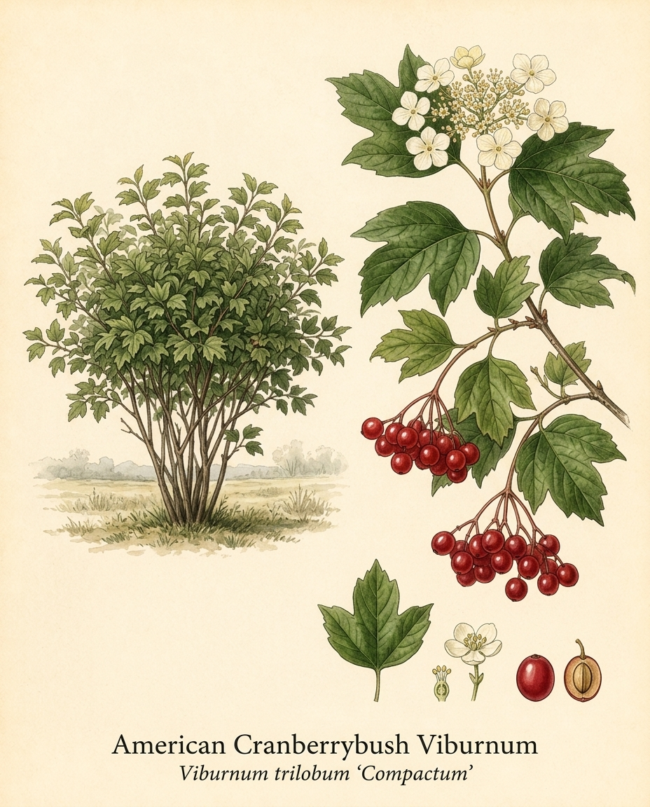 Botanical illustration of American Cranberrybush Viburnum (Viburnum trilobum ‘Compactum’) — a deciduous shrub for USDA zones 2–7