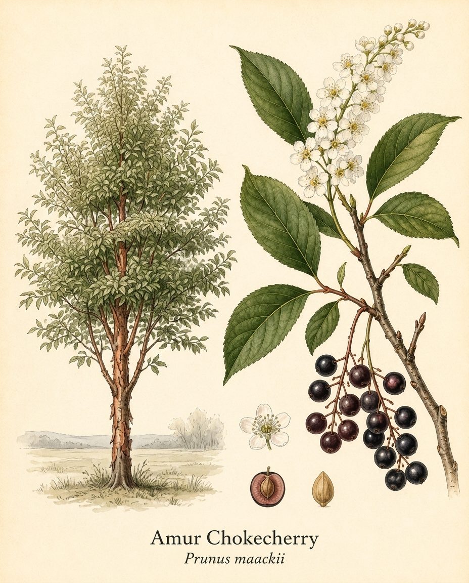 Botanical illustration of Amur Chokecherry (Prunus maackii) — a deciduous tree for USDA zones 3–7