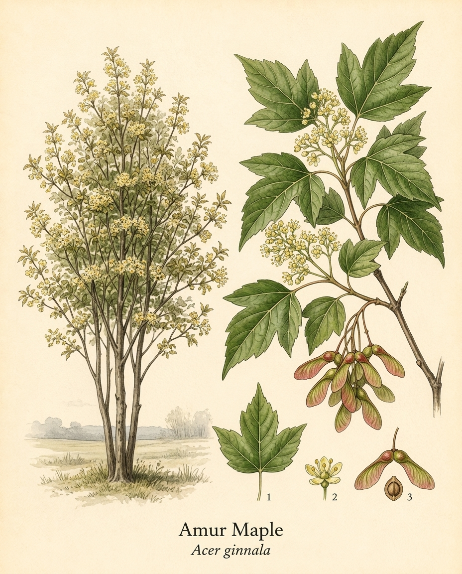 Botanical illustration of Amur Maple (Acer ginnala) — a deciduous tree for USDA zones 2–8