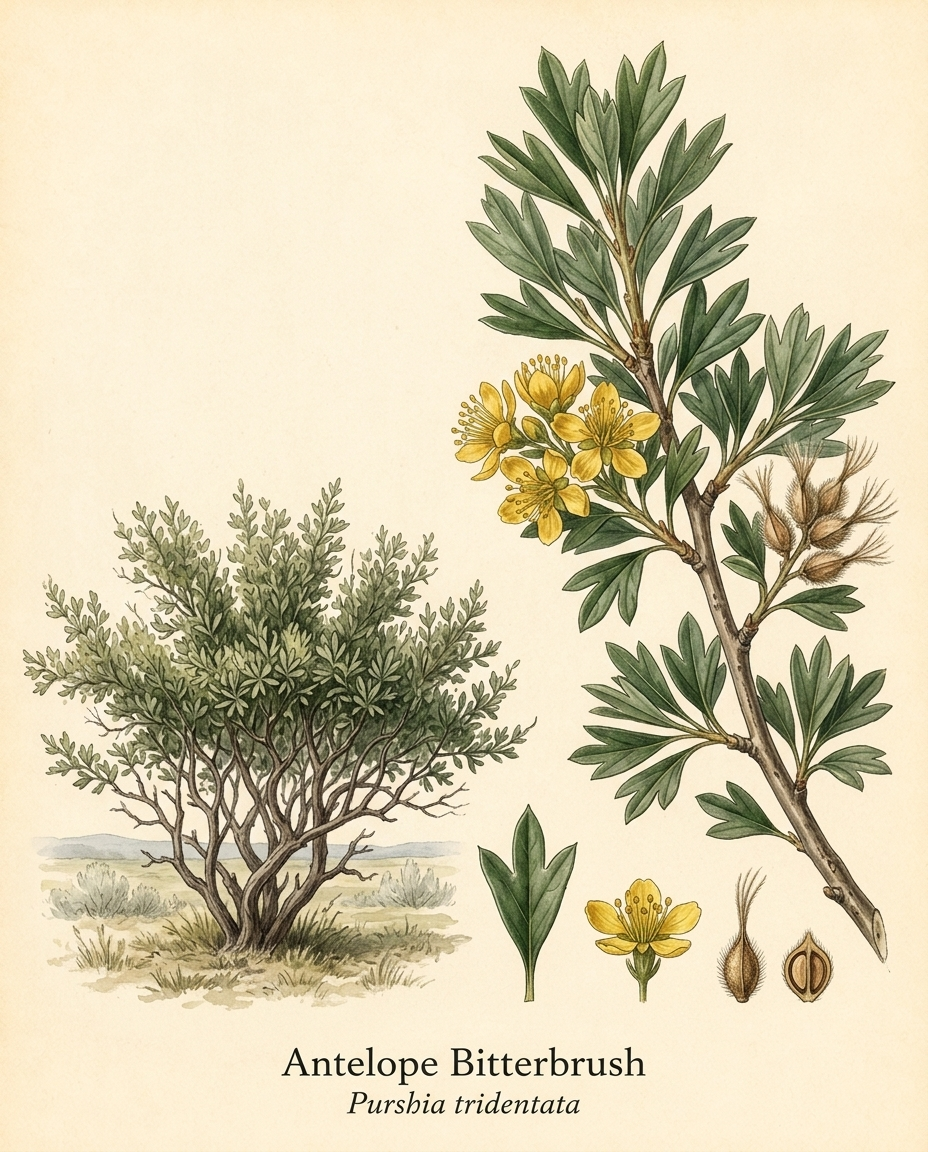 Botanical illustration of Antelope Bitterbrush (Purshia tridentata) — a deciduous shrub for USDA zones 4–9