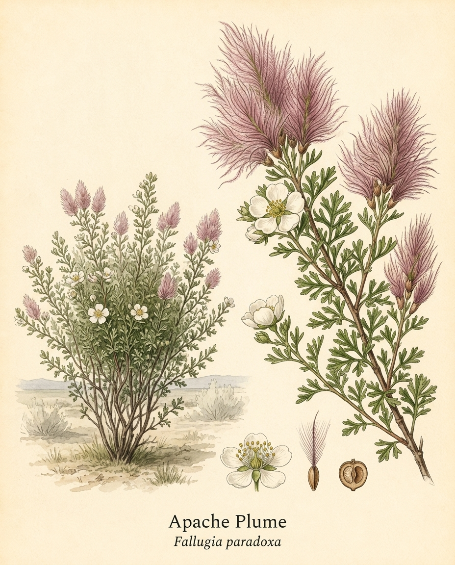Botanical illustration of Apache Plume (Fallugia paradoxa) — a deciduous shrub for USDA zones 4–9