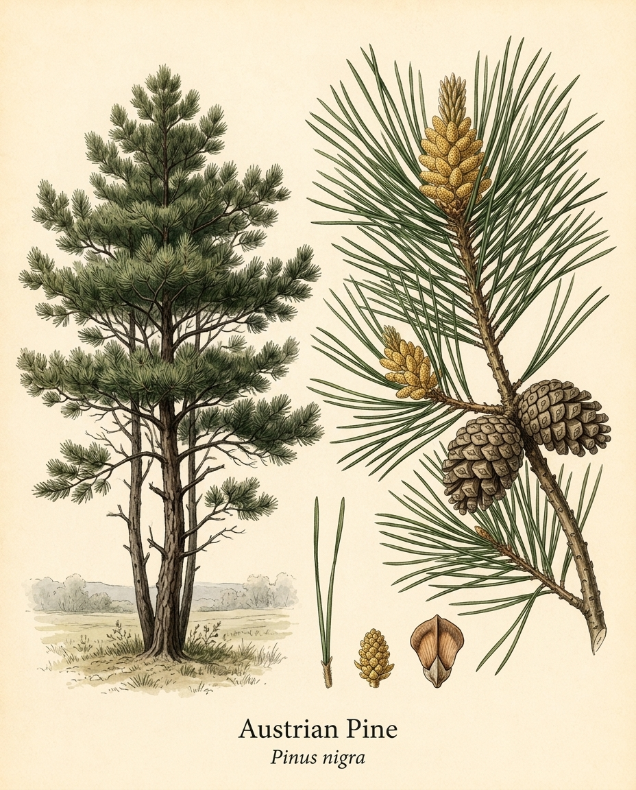Botanical illustration of Austrian Pine (Pinus nigra) — a evergreen shrub for USDA zones 4–7