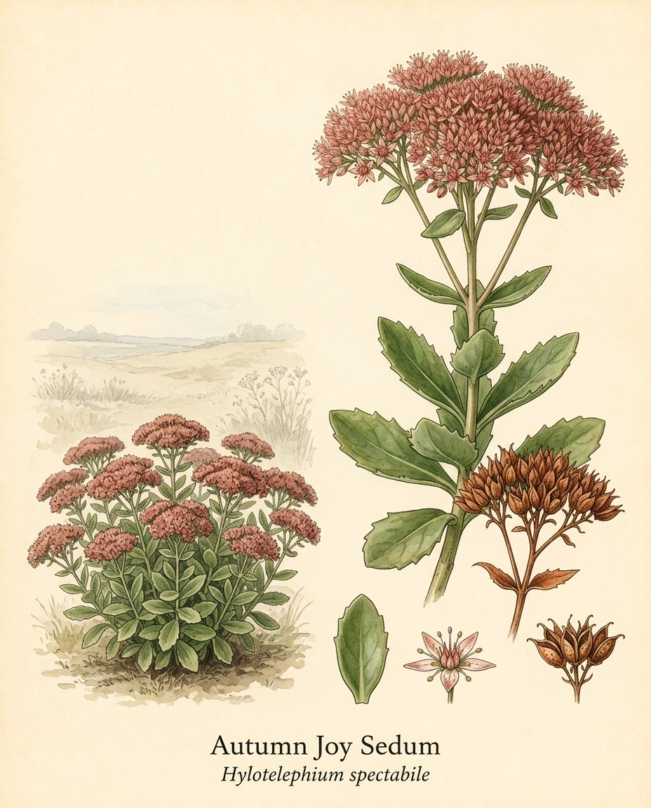 Botanical illustration of Autumn Joy Sedum (Hylotelephium spectabile) — a deciduous perennial for USDA zones 3–9