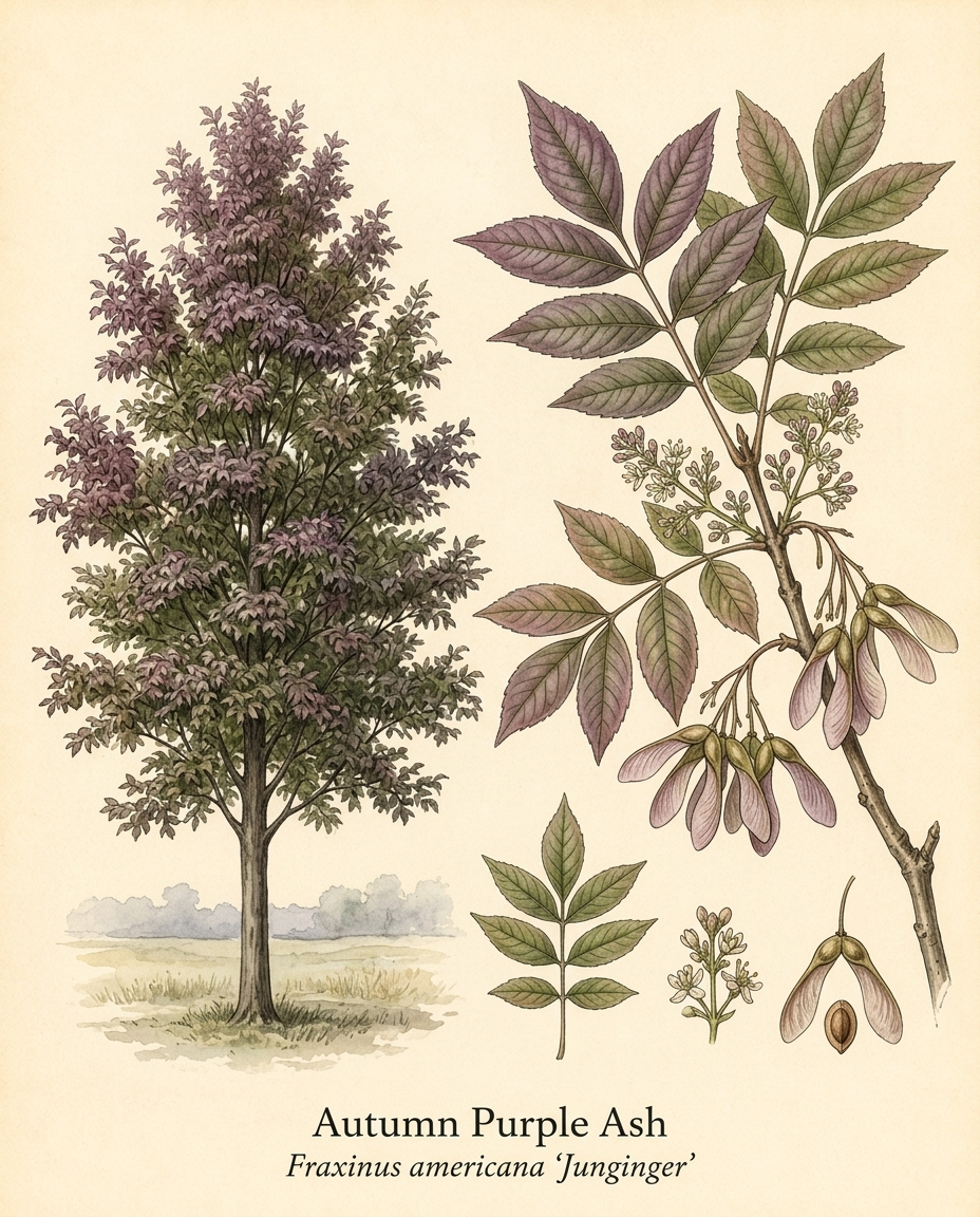 Botanical illustration of Autumn Purple Ash (Fraxinus americana 'Junginger') — a deciduous tree for USDA zones 3–9