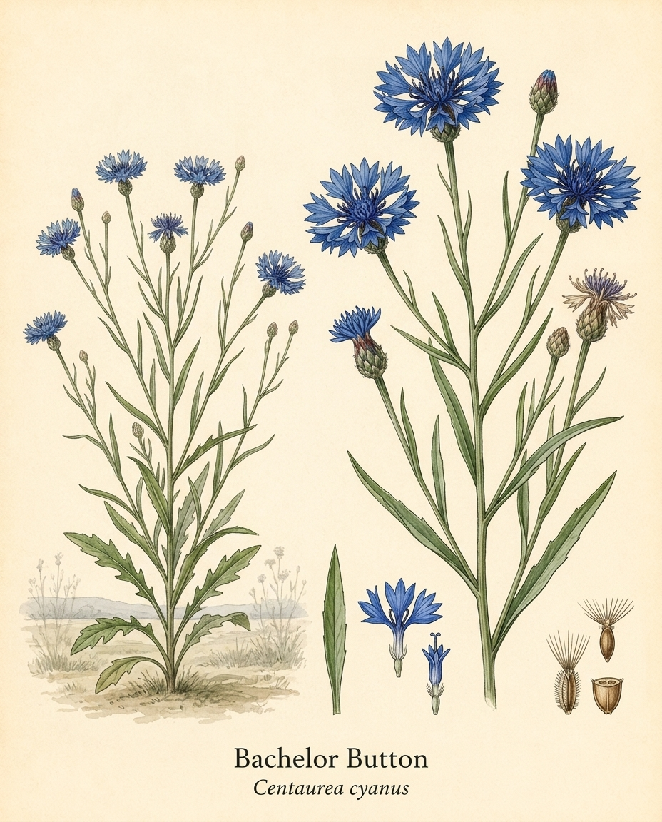 Botanical illustration of Bachelor Button (Centaurea cyanus) — a deciduous annual for USDA zones 2–11