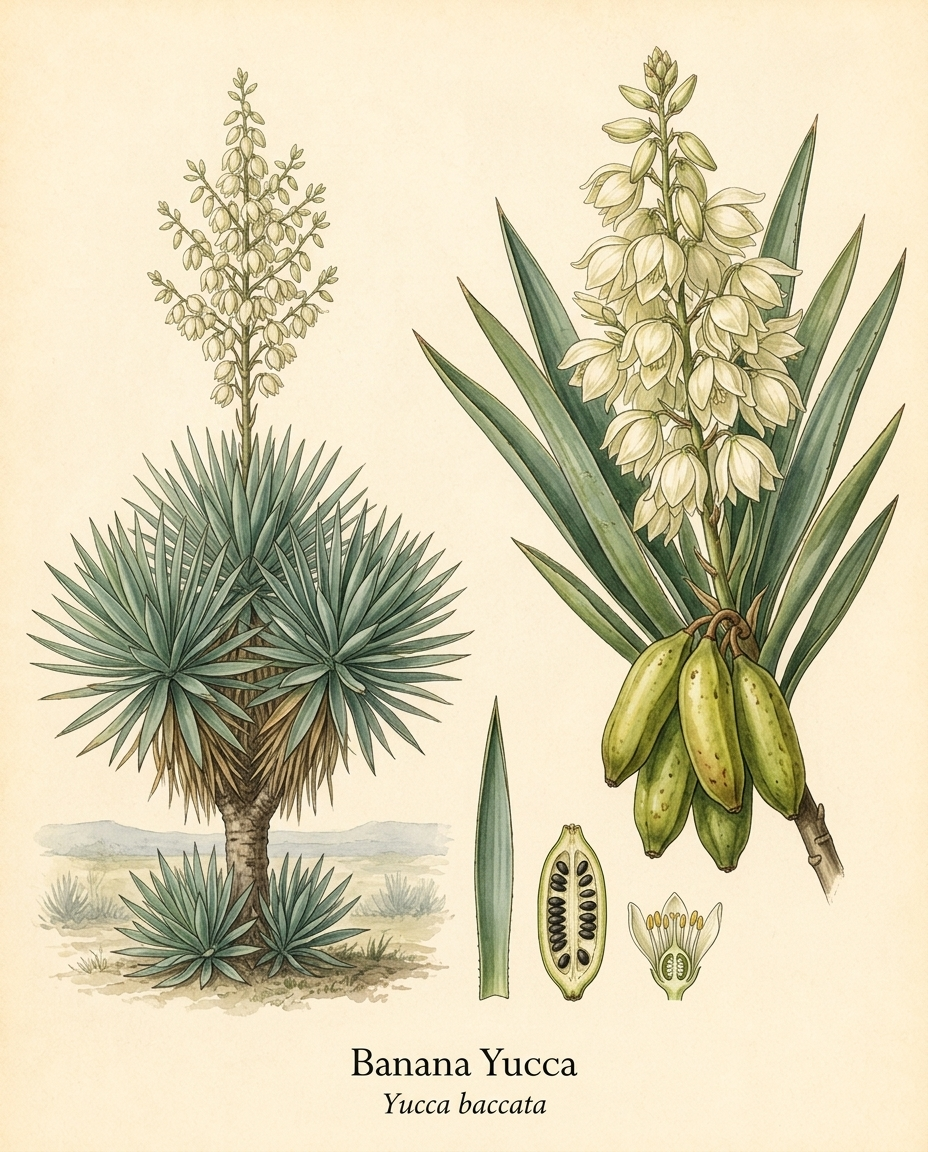 Botanical illustration of Banana Yucca (Yucca baccata) — a evergreen shrub for USDA zones 5–9