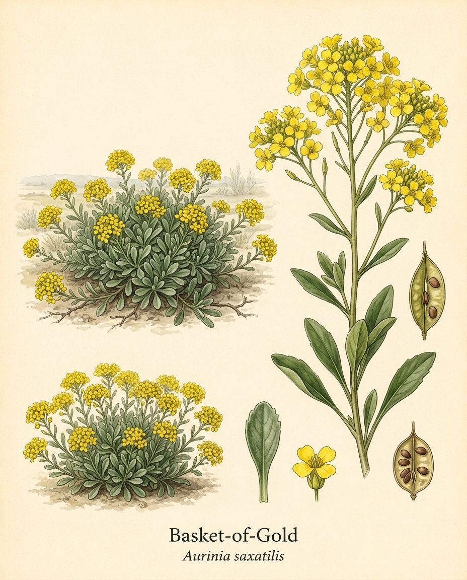 Botanical illustration of Basket-of-Gold (Aurinia saxatilis) — a evergreen perennial for USDA zones 3–7