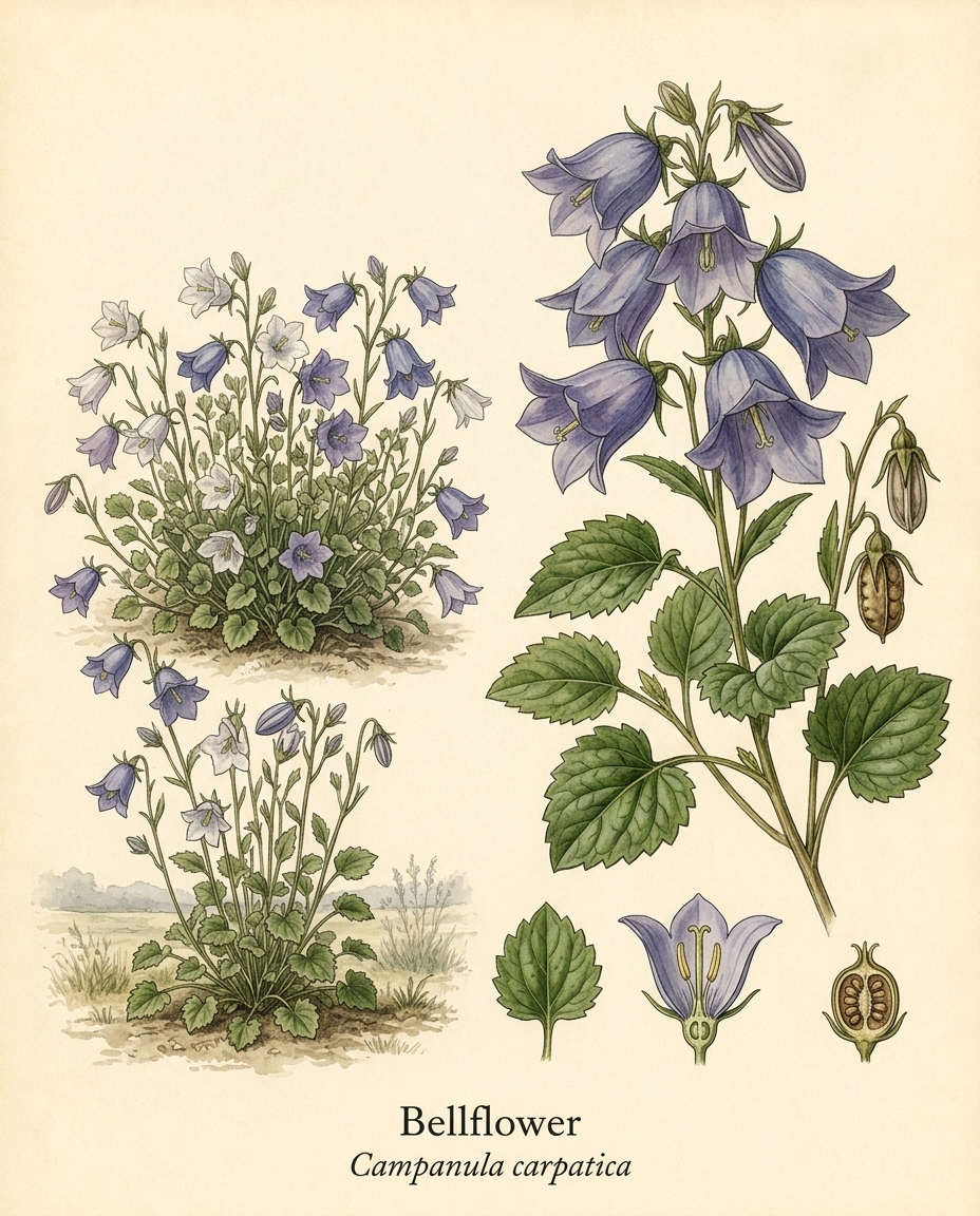 Botanical illustration of Bellflower (Campanula carpatica) — a deciduous perennial for USDA zones 3–8