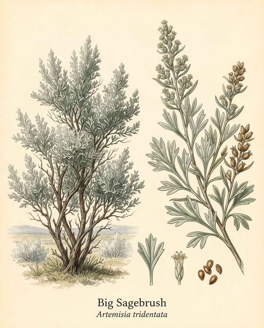 Botanical illustration of Big Sagebrush (Artemisia tridentata) — a evergreen shrub for USDA zones 4–9