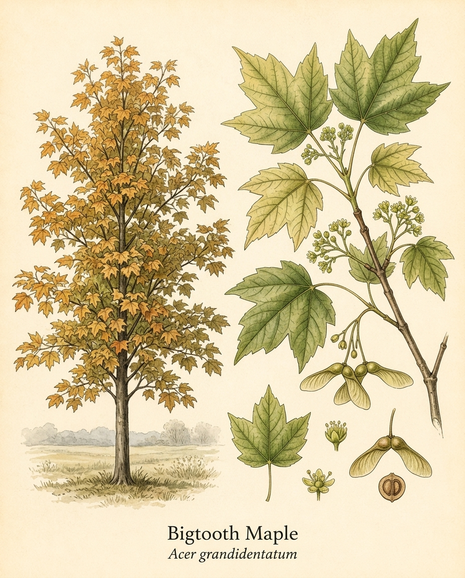 Botanical illustration of Bigtooth Maple (Acer grandidentatum) — a deciduous tree for USDA zones 4–8