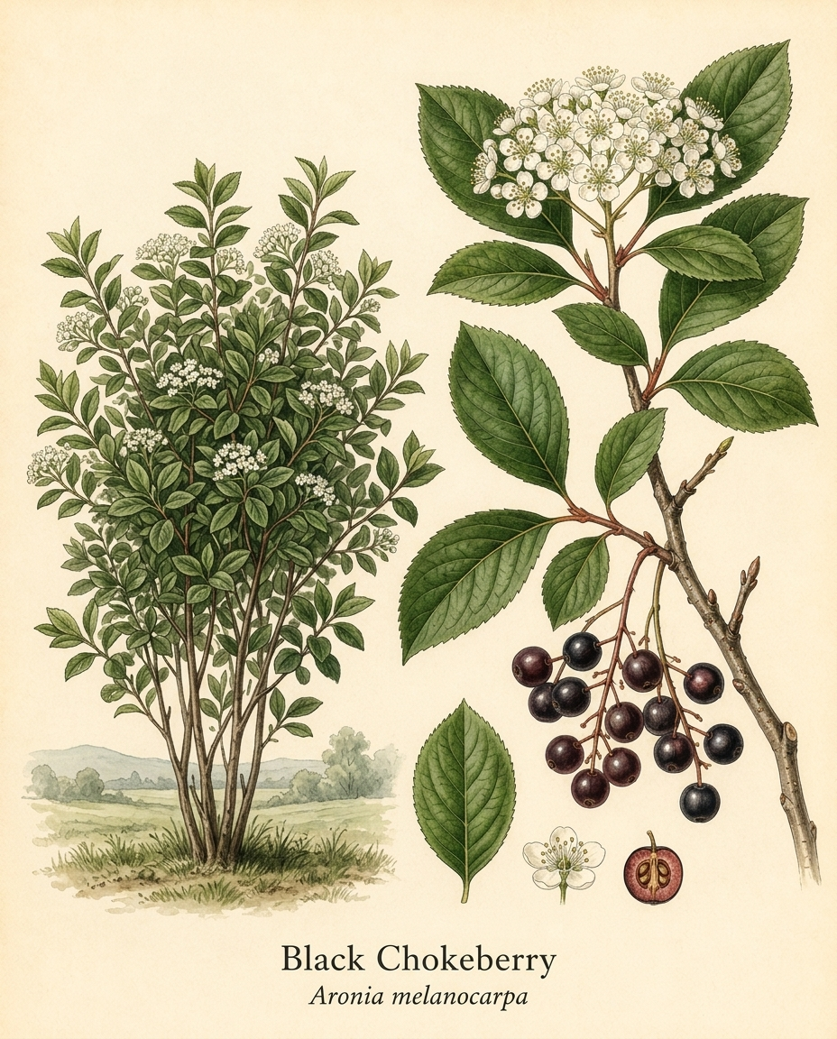 Botanical illustration of Black Chokeberry (Aronia melanocarpa) — a deciduous shrub for USDA zones 3–9