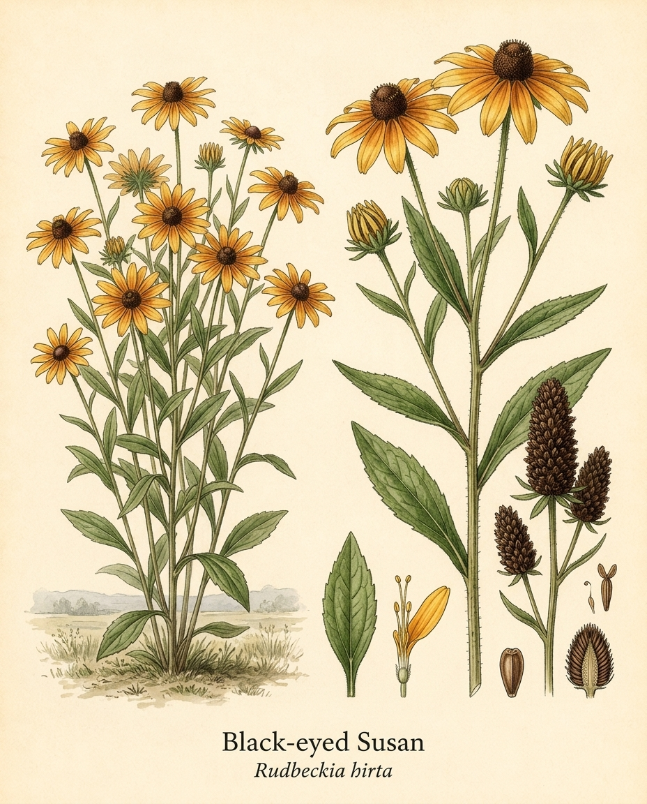 Botanical illustration of Black-eyed Susan (Rudbeckia hirta) — a deciduous perennial for USDA zones 3–9