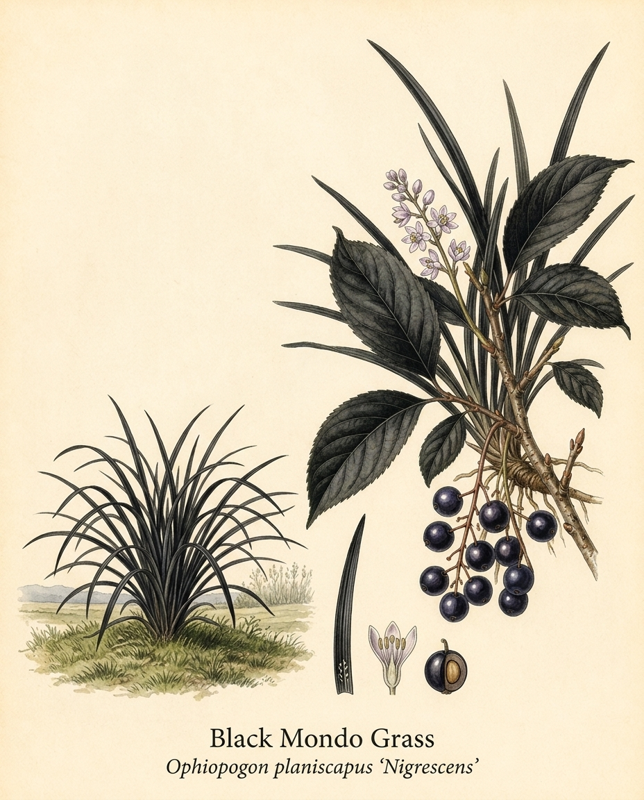 Botanical illustration of Black Mondo Grass (Ophiopogon planiscapus  ‘Nigrescens’) — a deciduous grass for USDA zones 5–10