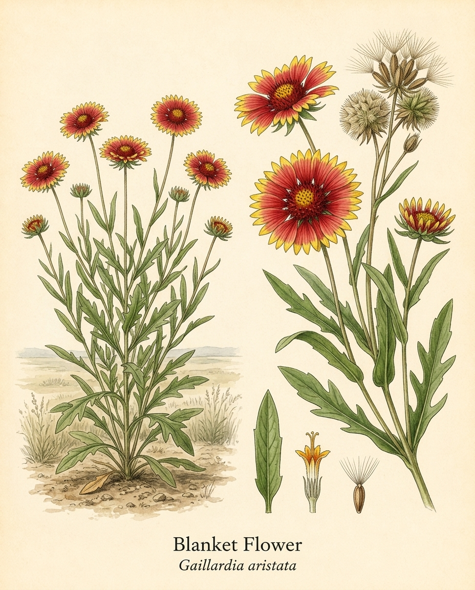 Botanical illustration of Blanket Flower (Gaillardia aristata) — a deciduous perennial for USDA zones 3–9