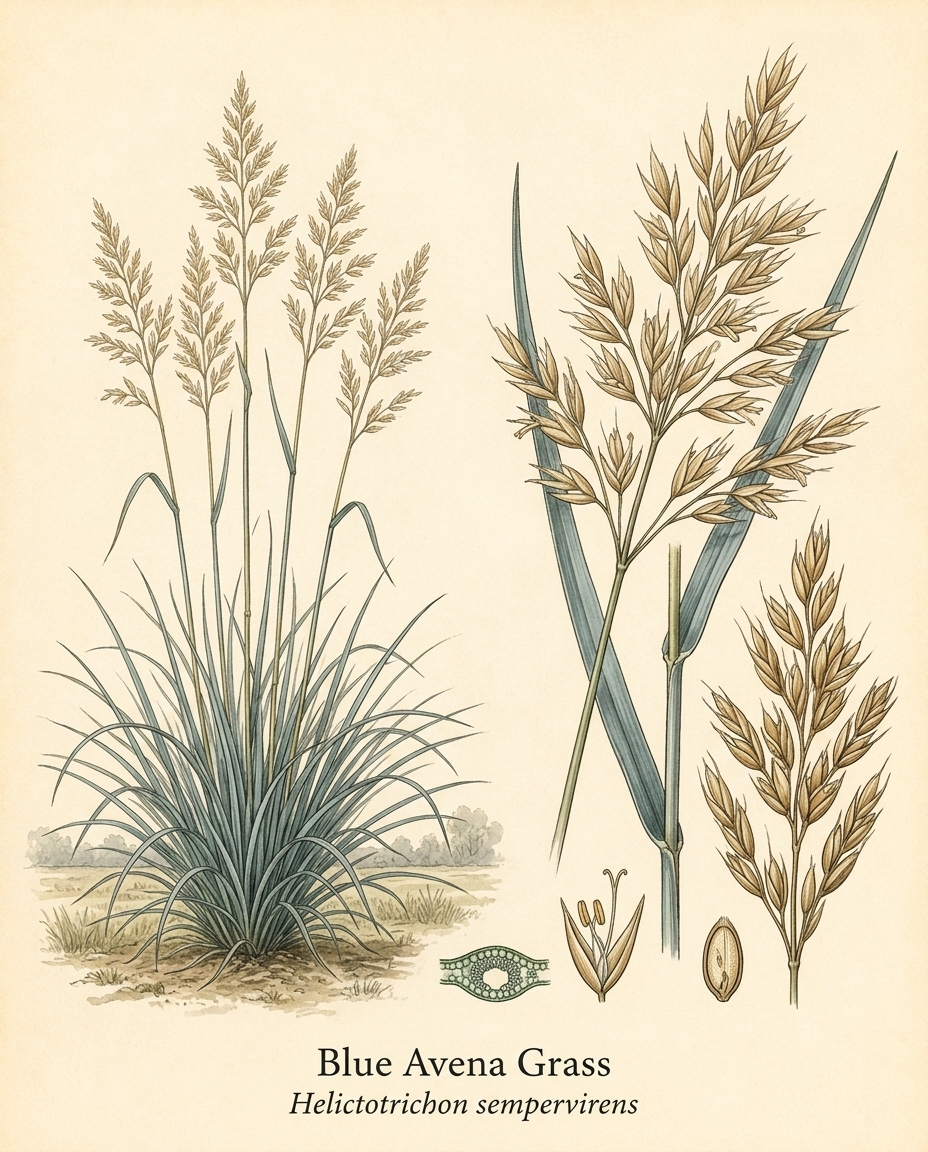 Botanical illustration of Blue Avena Grass (Helictotrichon sempervirens) — a evergreen grass for USDA zones 4–9