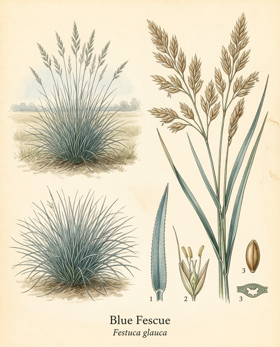 Botanical illustration of Blue Fescue (Festuca glauca) — a evergreen grass for USDA zones 4–8