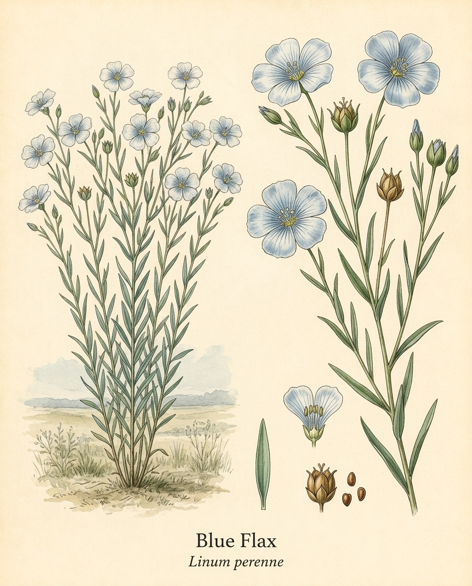 Botanical illustration of Blue Flax (Linum perenne) — a deciduous perennial for USDA zones 3–8