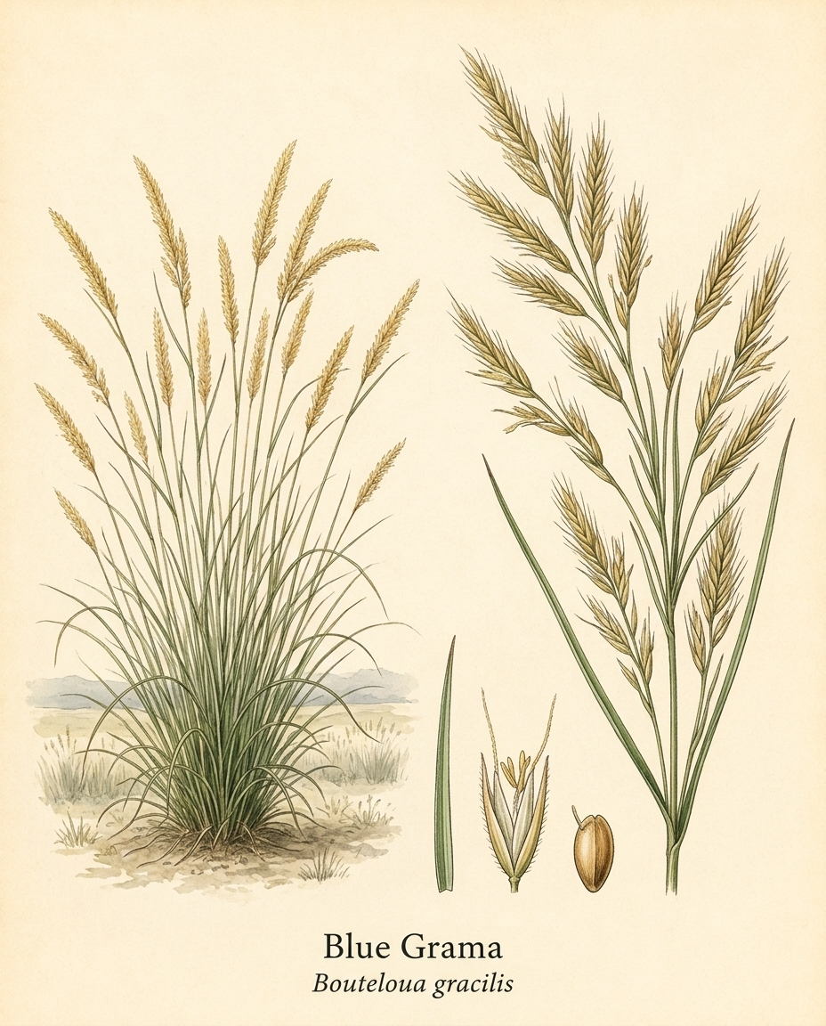 Botanical illustration of Blue Grama (Bouteloua gracilis) — a deciduous grass for USDA zones 3–9