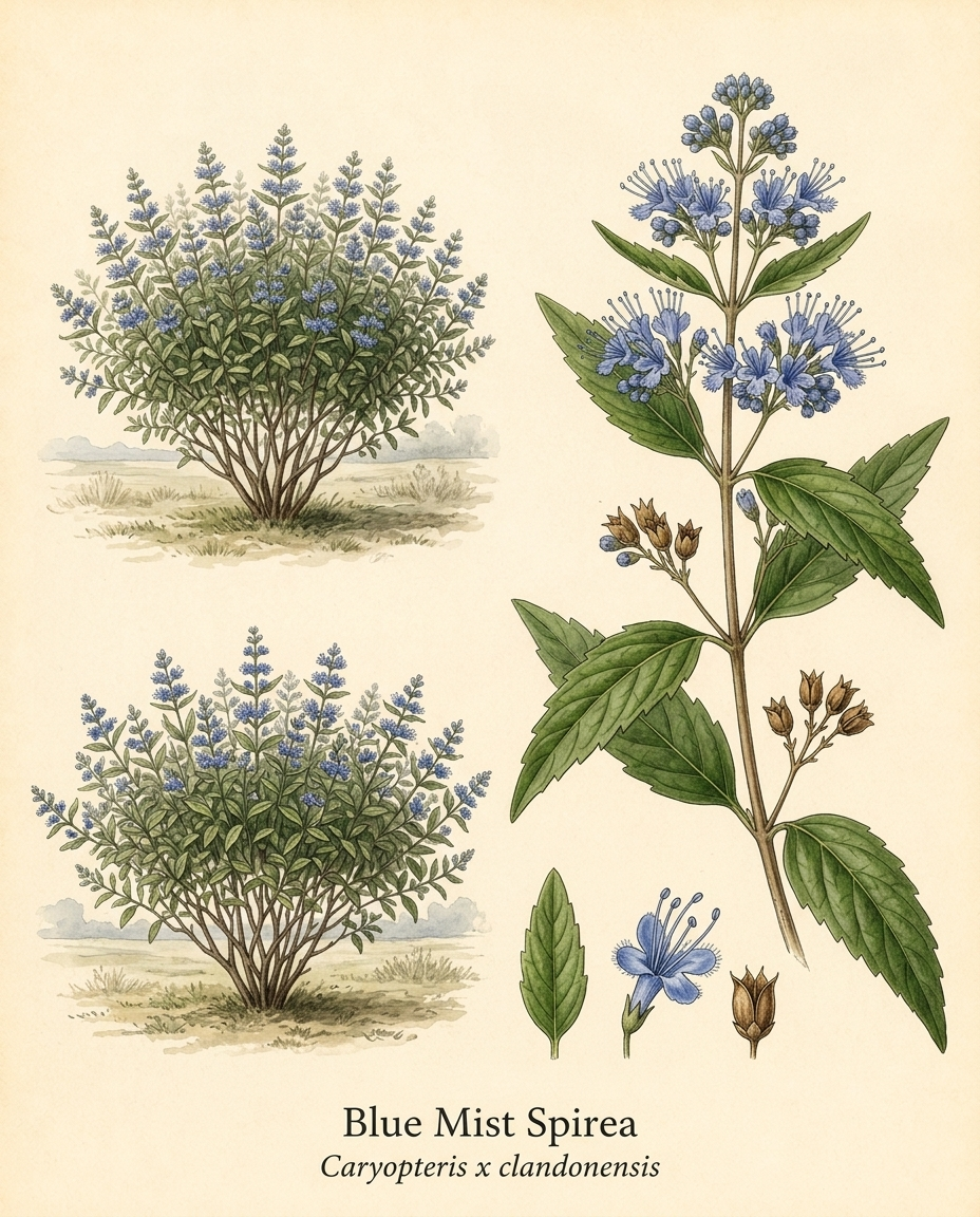 Botanical illustration of Blue Mist Spirea (Caryopteris x clandonensis) — a deciduous shrub for USDA zones 5–10