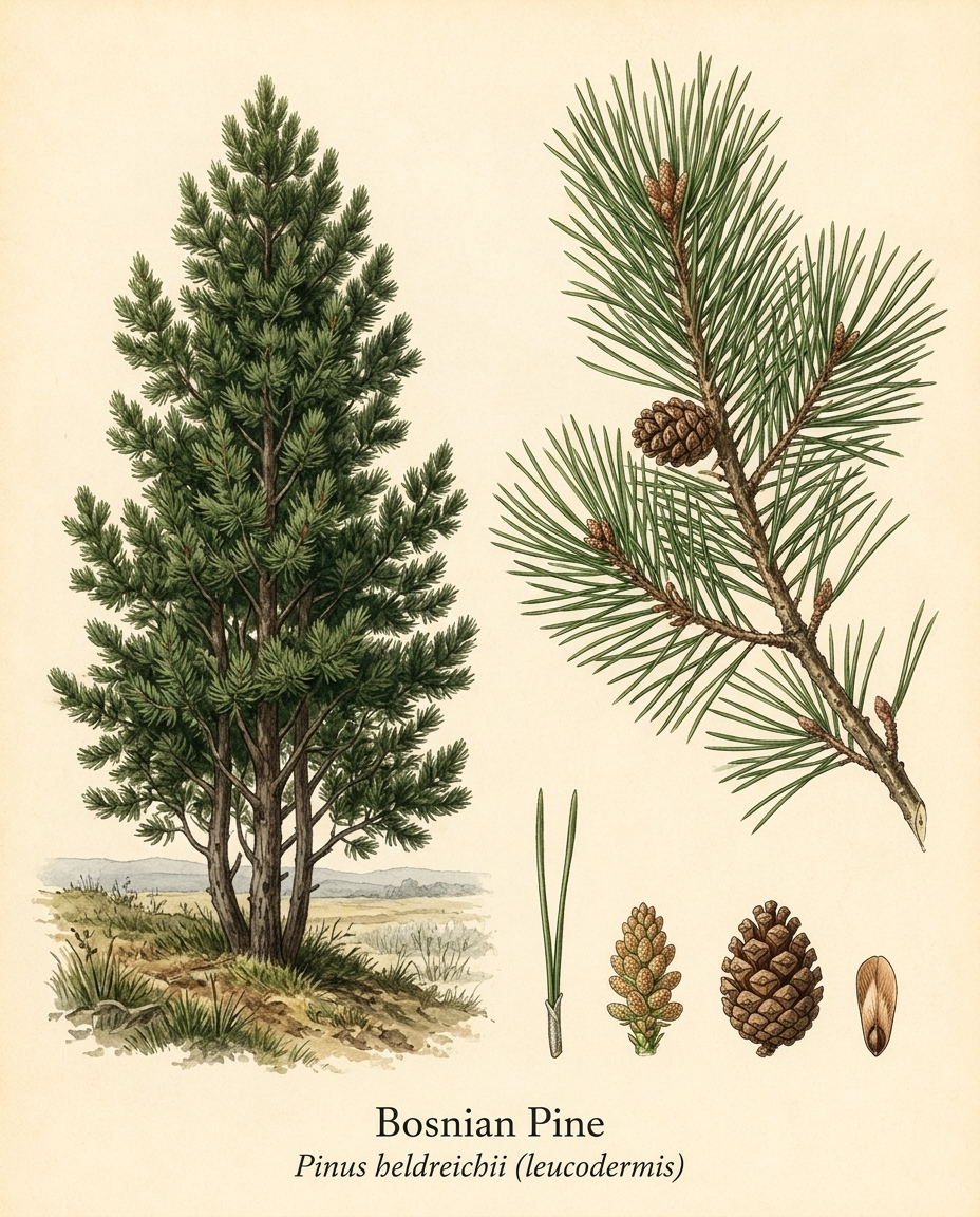 Botanical illustration of Bosnian Pine (Pinus heldreichii (leucodermis)) — a evergreen shrub for USDA zones 5–8