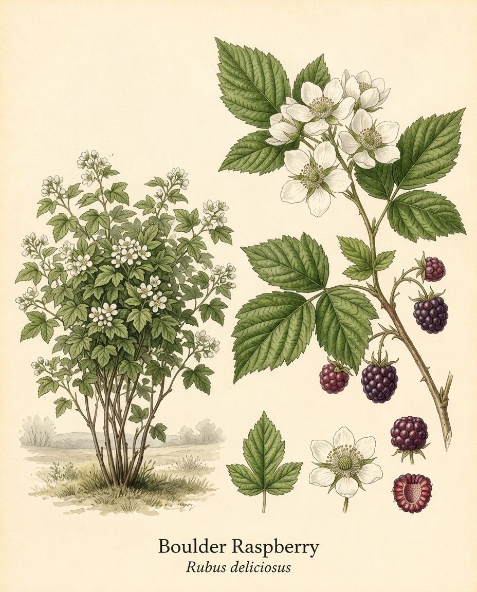 Botanical illustration of Boulder Raspberry (Rubus deliciosus) — a deciduous shrub for USDA zones 4–8