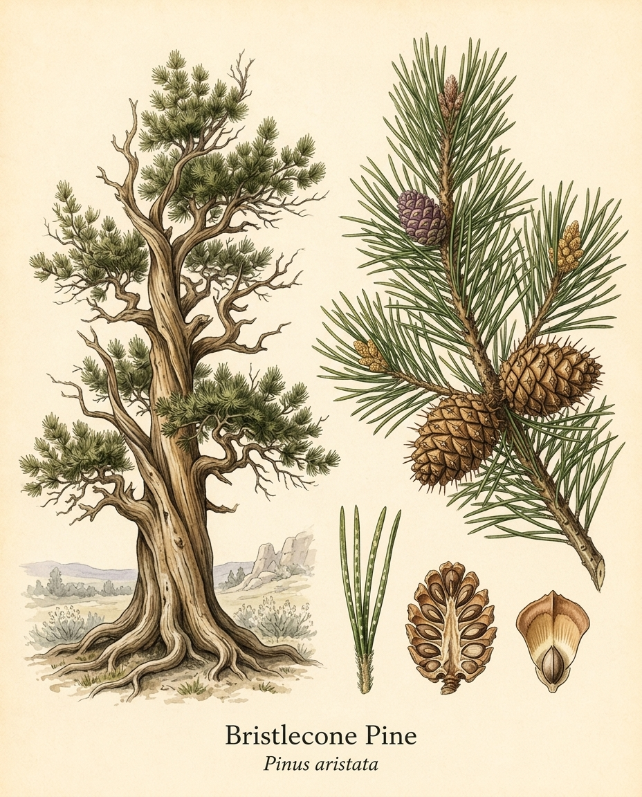 Botanical illustration of Bristlecone Pine (Pinus aristata) — a evergreen tree for USDA zones 4–7