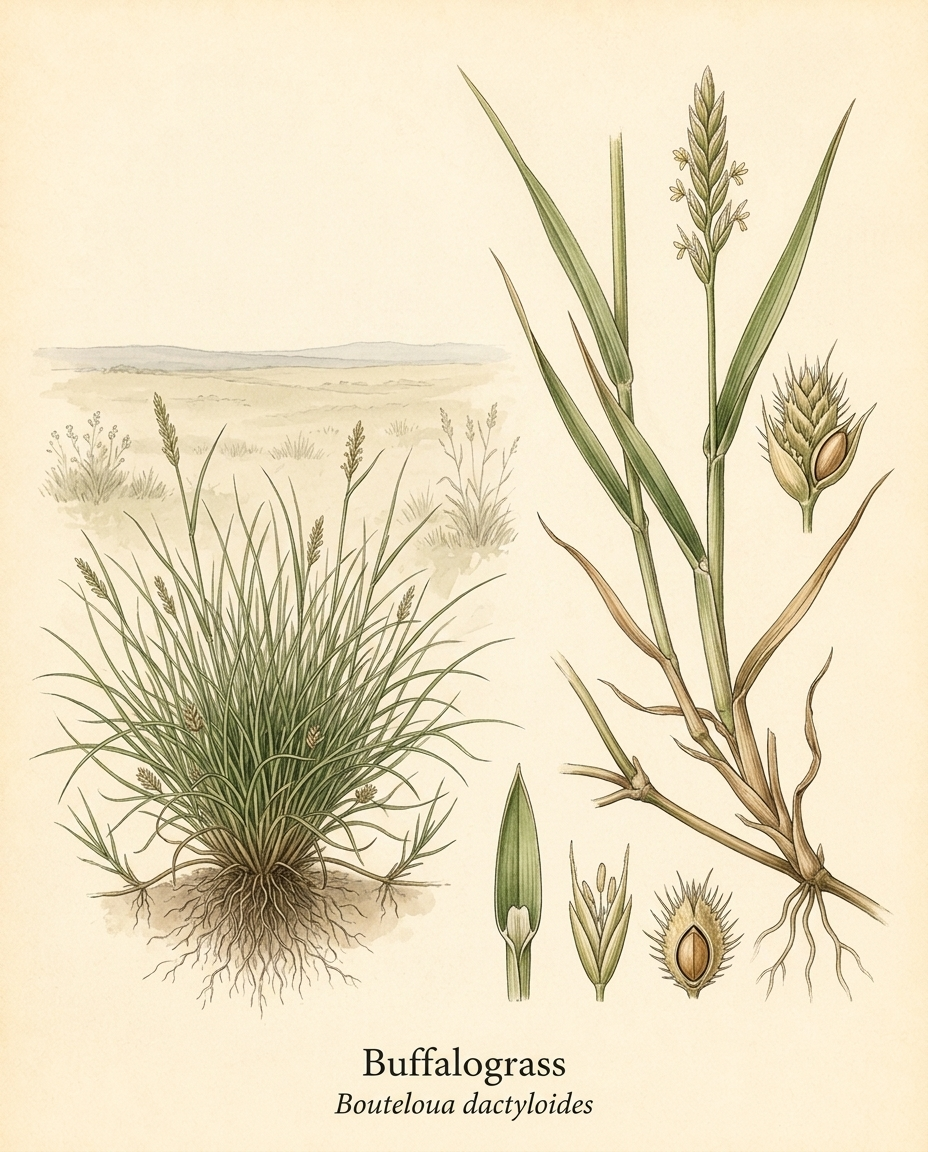 Botanical illustration of Buffalograss (Bouteloua dactyloides) — a deciduous grass for USDA zones 3–9