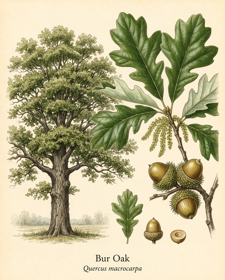 Botanical illustration of Bur Oak (Quercus macrocarpa) — a deciduous tree for USDA zones 3–8