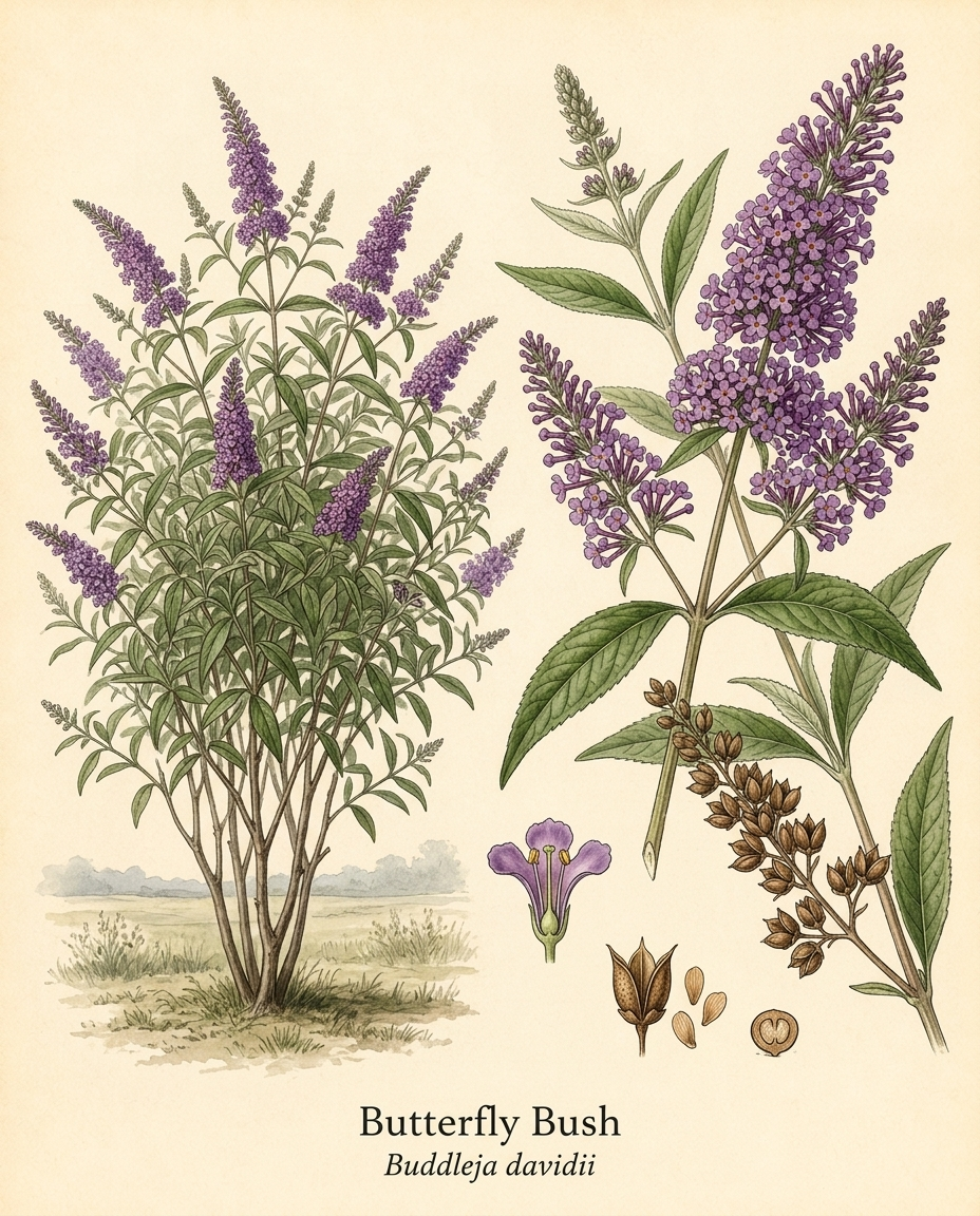 Botanical illustration of Butterfly Bush (Buddleja davidii) — a deciduous shrub for USDA zones 5–9
