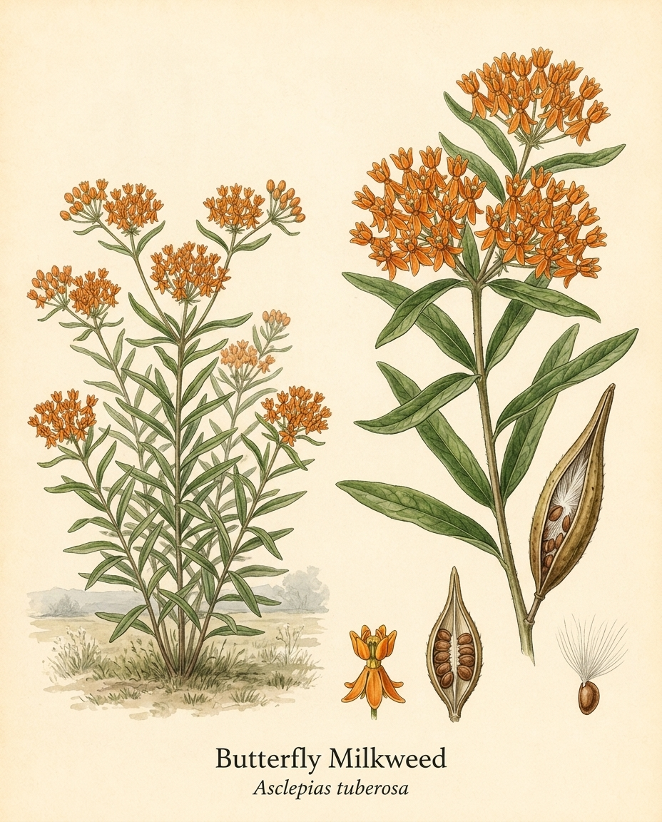 Botanical illustration of Butterfly Milkweed (Asclepias tuberosa) — a deciduous perennial for USDA zones 3–9