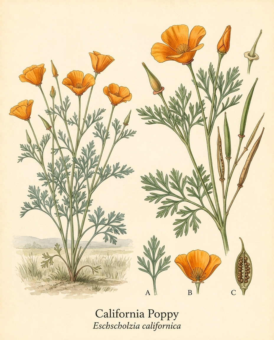 Botanical illustration of California Poppy (Eschscholzia californica) — a deciduous annual for USDA zones 2–11