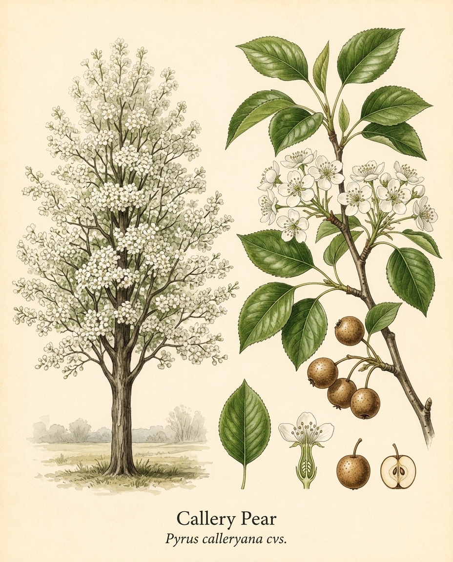 Botanical illustration of Callery Pear (Pyrus calleryana cvs.) — a deciduous tree for USDA zones 4–9