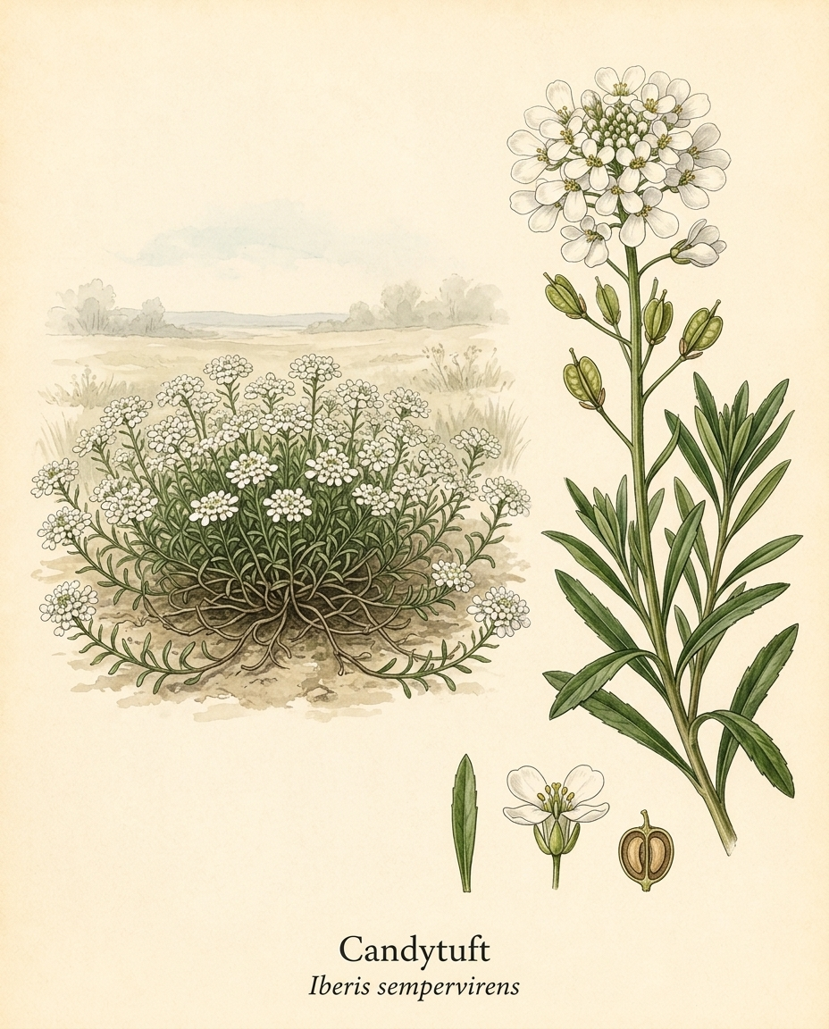 Botanical illustration of Candytuft (Iberis sempervirens) — a deciduous groundcover for USDA zones 3–8
