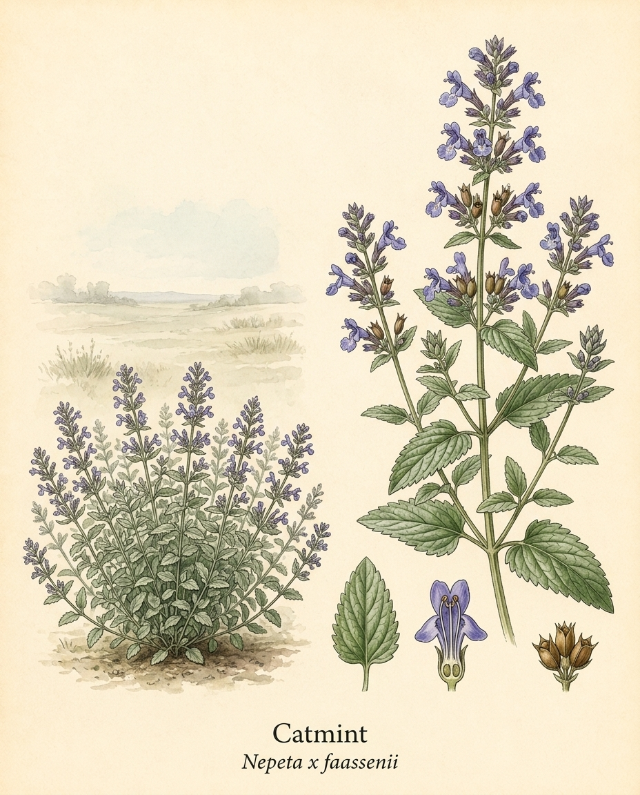 Botanical illustration of Catmint (Nepeta x faassenii) — a deciduous perennial for USDA zones 3–8