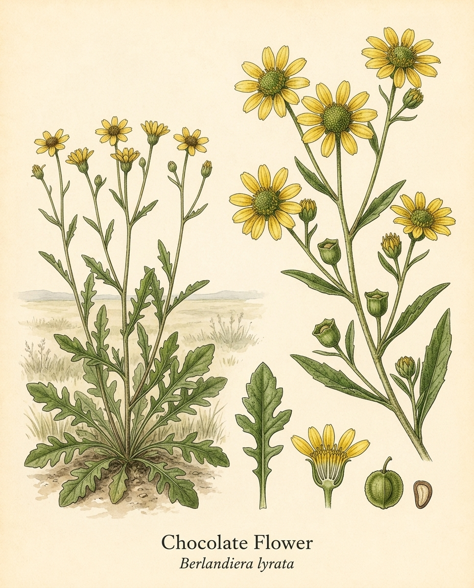 Botanical illustration of Chocolate Flower (Berlandiera lyrata) — a deciduous perennial for USDA zones 4–9