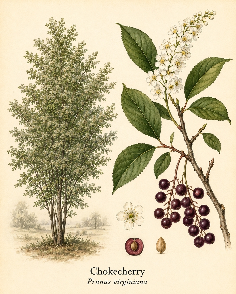 Botanical illustration of Chokecherry (Prunus virginiana) — a deciduous tree for USDA zones 2–6