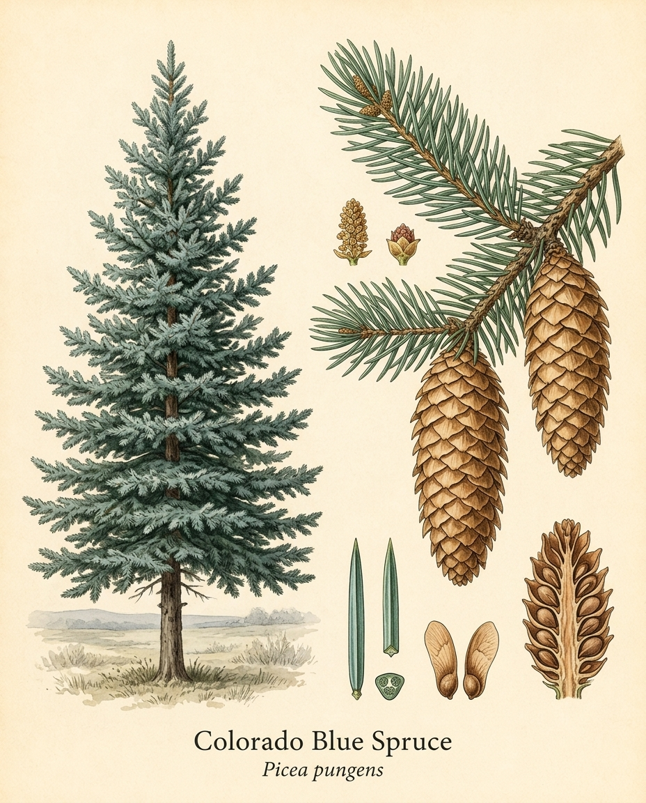 Botanical illustration of Colorado Blue Spruce (Picea pungens) — a evergreen tree for USDA zones 2–8