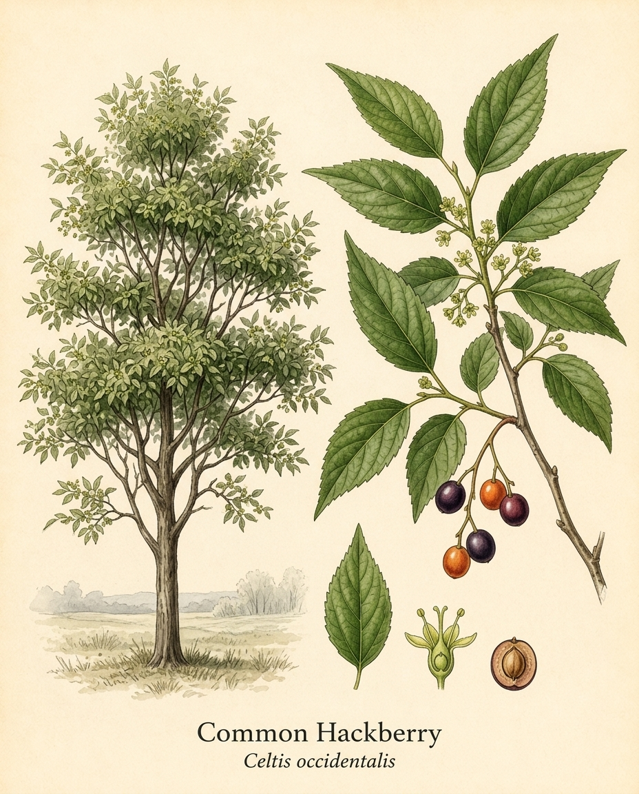 Botanical illustration of Common Hackberry (Celtis occidentalis) — a deciduous tree for USDA zones 3–8
