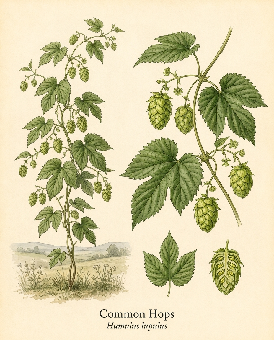 Botanical illustration of Common Hops (Humulus lupulus) — a deciduous vine for USDA zones 4–8