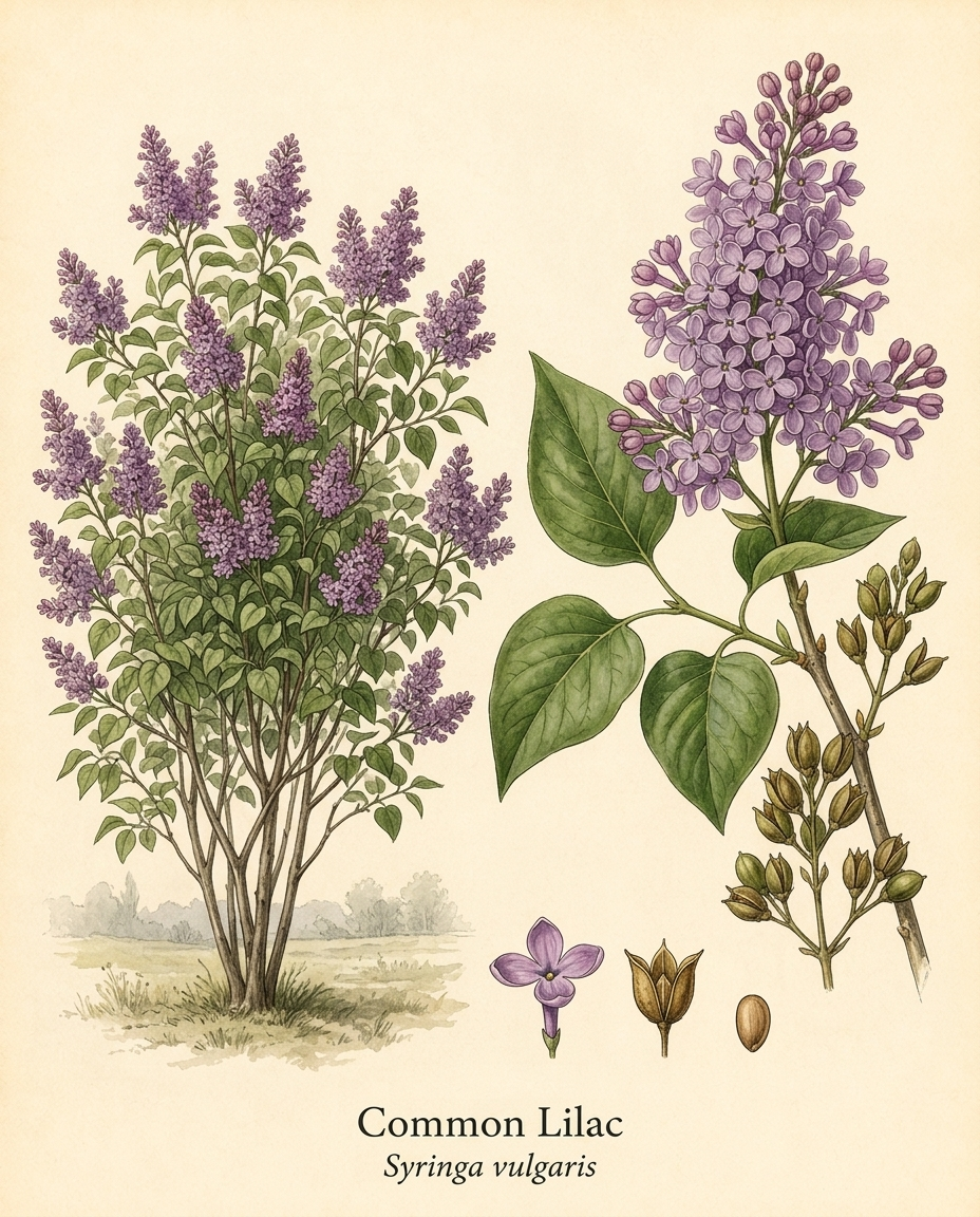 Botanical illustration of Common Lilac (Syringa vulgaris) — a deciduous shrub for USDA zones 3–7