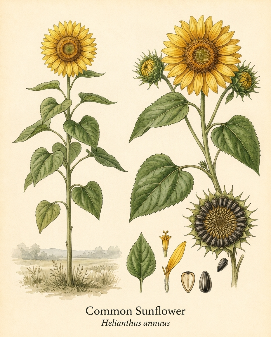 Botanical illustration of Common Sunflower (Helianthus annuus) — a deciduous annual for USDA zones 2–11