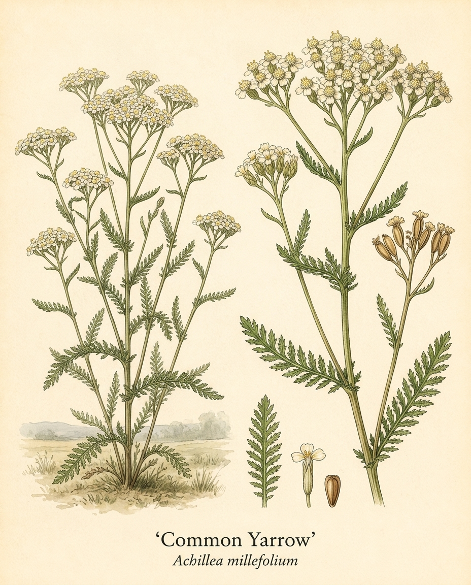 Botanical illustration of Common Yarrow (Achillea millefolium) — a deciduous perennial for USDA zones 3–9