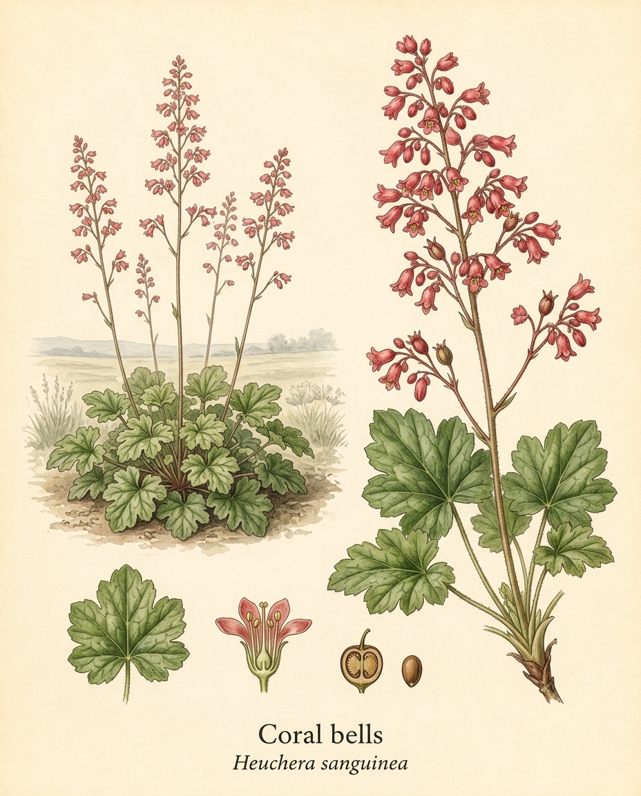 Botanical illustration of Coral bells (Heuchera sanguinea) — a deciduous perennial for USDA zones 3–8
