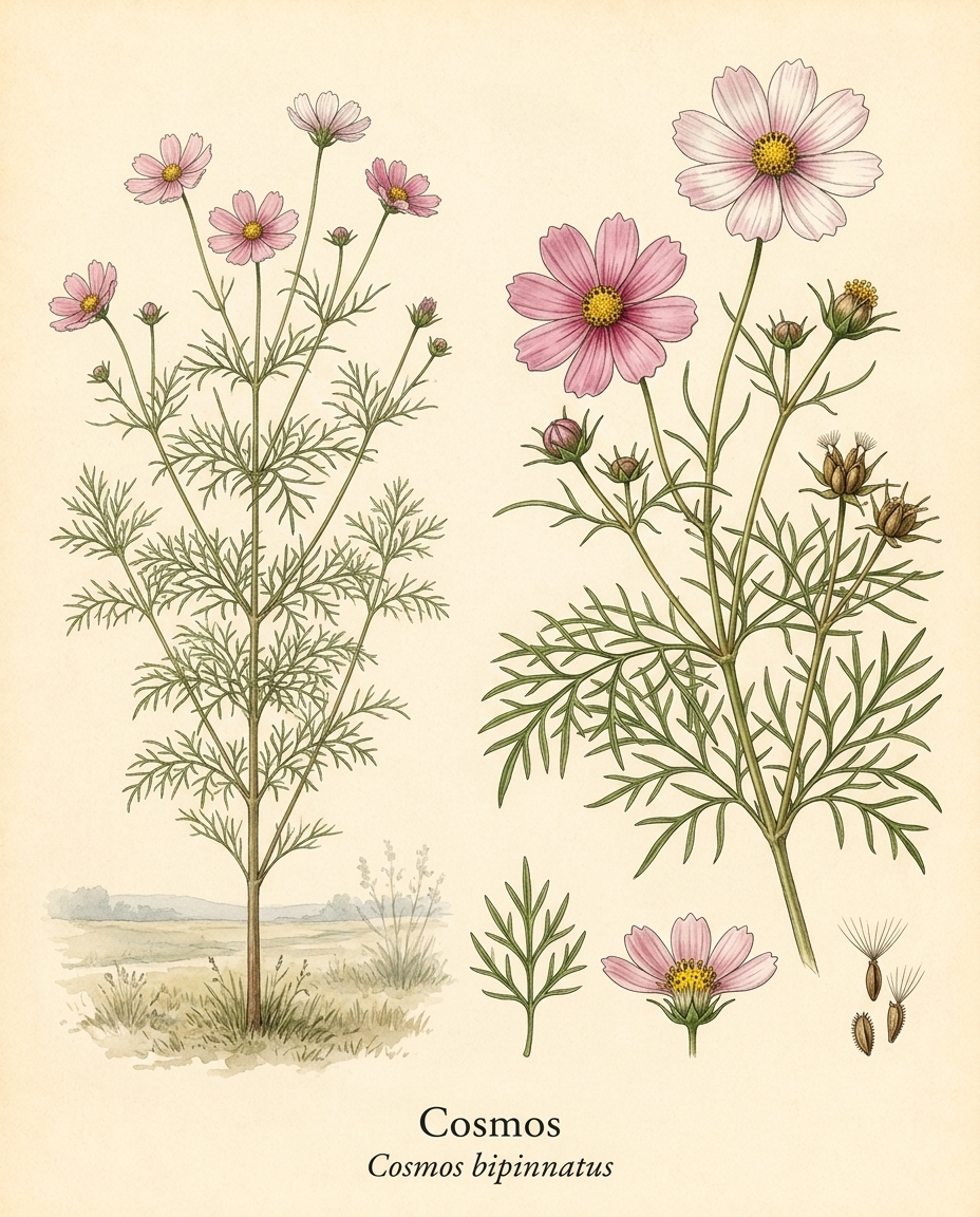 Botanical illustration of Cosmos (Cosmos bipinnatus) — a deciduous annual for USDA zones 2–11