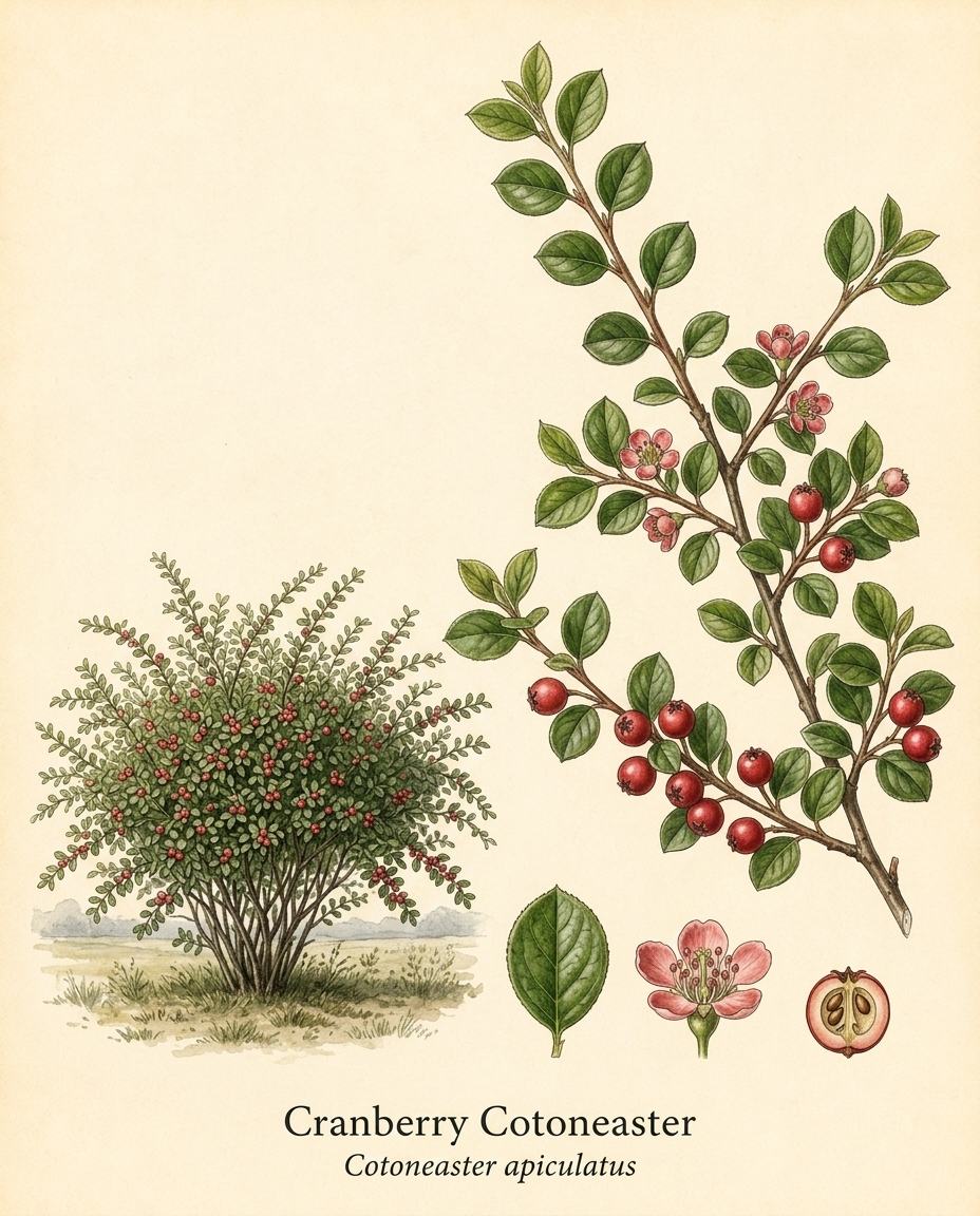 Botanical illustration of Cranberry Cotoneaster (Cotoneaster apiculatus) — a deciduous shrub for USDA zones 4–7