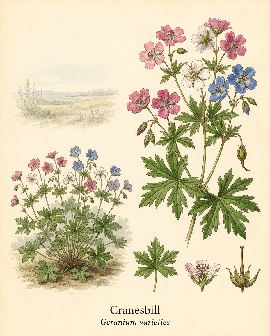 Botanical illustration of Cranesbill (Geranium varieties) — a deciduous perennial for USDA zones 3–8