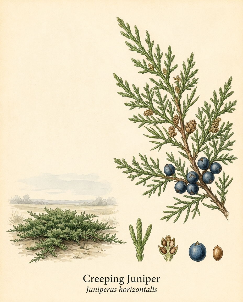 Botanical illustration of Creeping Juniper (Juniperus horizontalis) — a evergreen groundcover for USDA zones 3–9