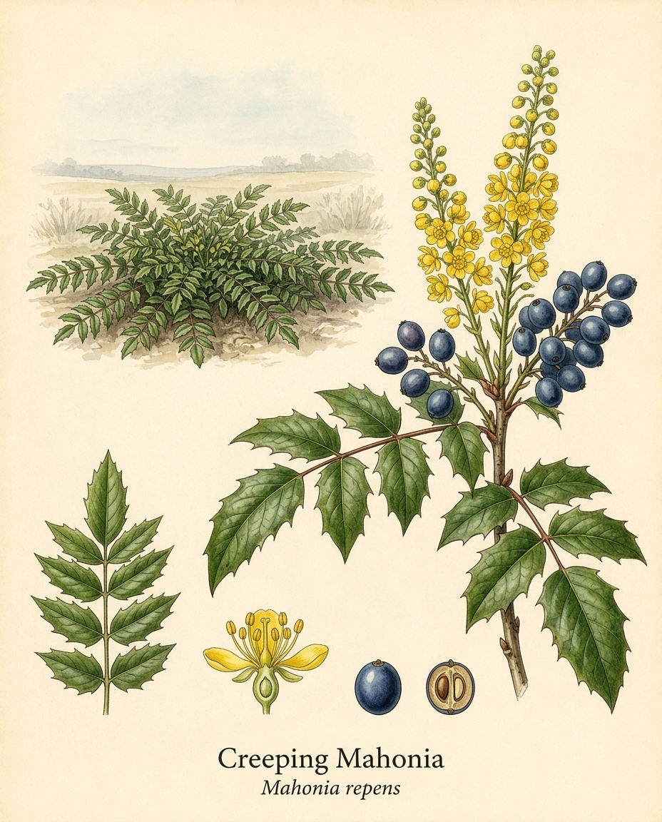 Botanical illustration of Creeping Mahonia (Mahonia repens) — a evergreen groundcover for USDA zones 3–8
