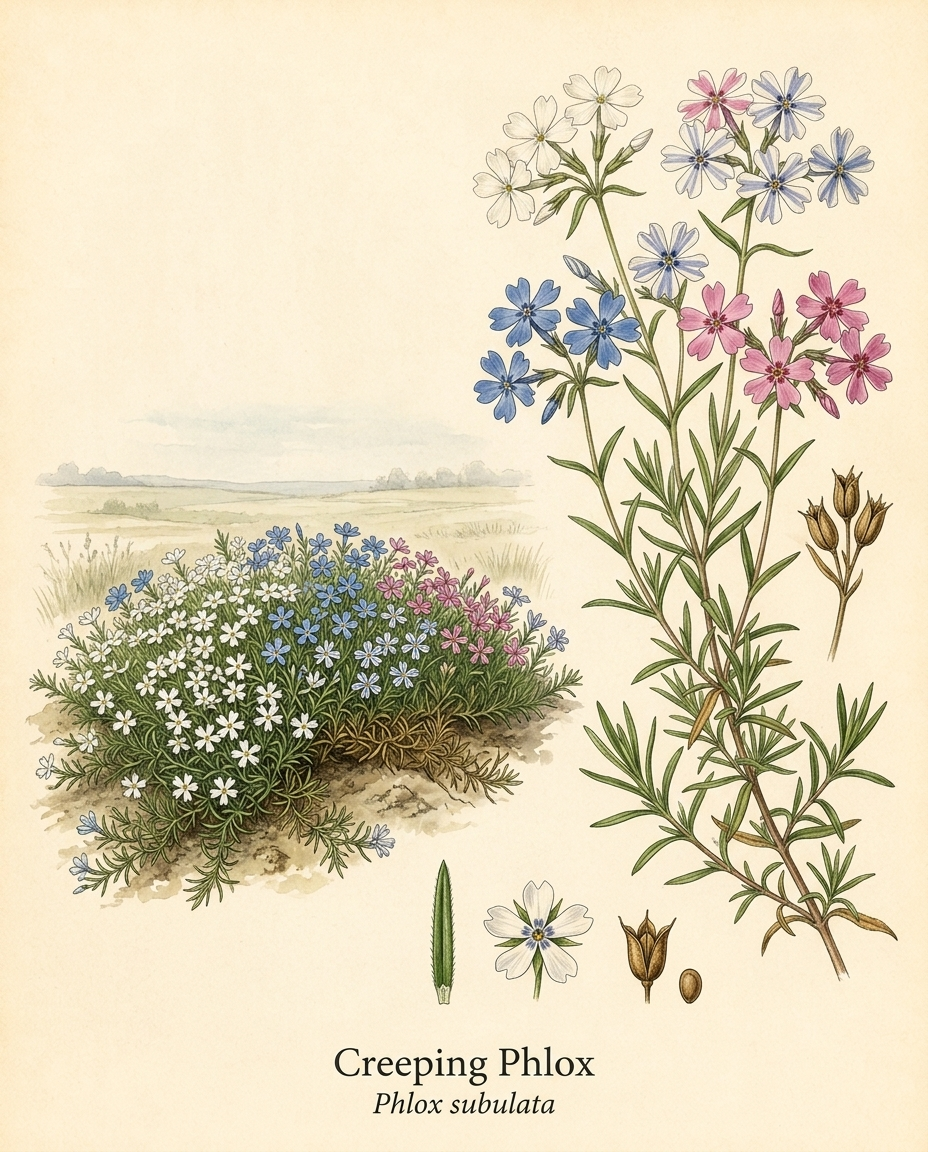 Botanical illustration of Creeping Phlox (Phlox subulata) — a deciduous groundcover for USDA zones 3–8